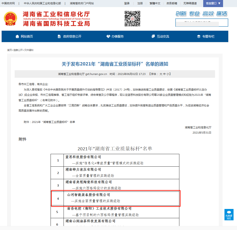 ezweb易利娱乐平台智能荣获湖南省工业质量标杆企业